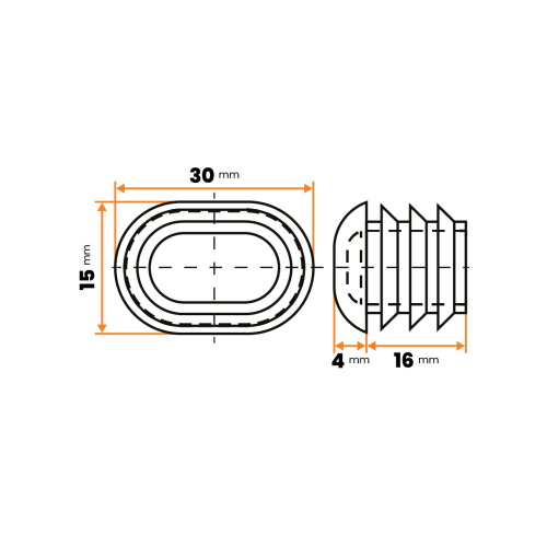 Záslepka oválna / 321-034 / 30 x 15 mm / 1,5 - 2 mm (čierna)