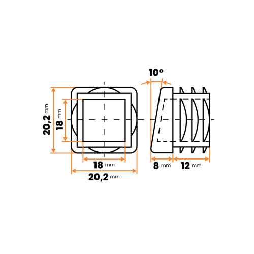 Nožička štvorcová, šikmá / 203-034 / 20x20 / 1-2 mm (čierna)