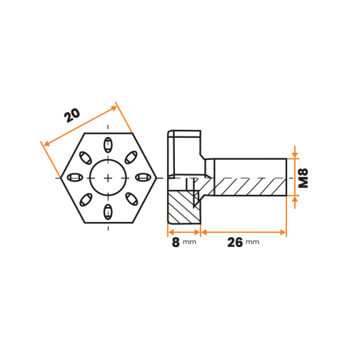 Skrutka rektifikačná / 207-034 / 20 x 20 mm / M8 x 26 mm (čierna)