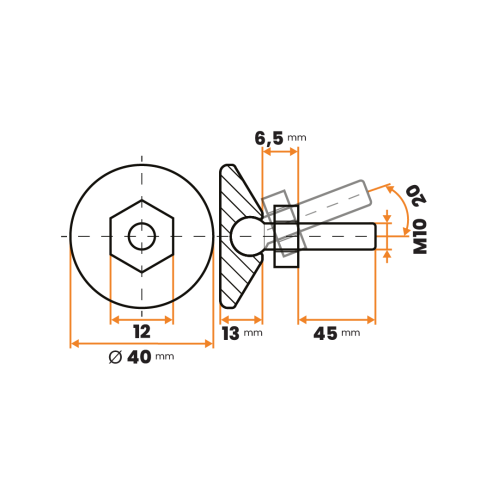 Skrutka rektifikačná s kĺbom / 281-034 / 40 mm / M10 x 45 mm (čierna)
