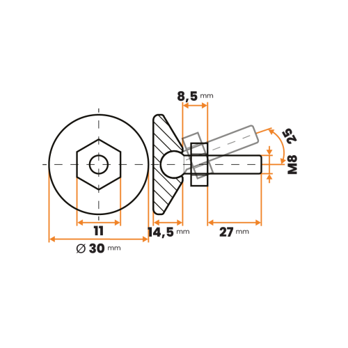Skrutka rektifikačná s kĺbom / 281-034 / 30 mm / M8 x 27 mm (čierna)