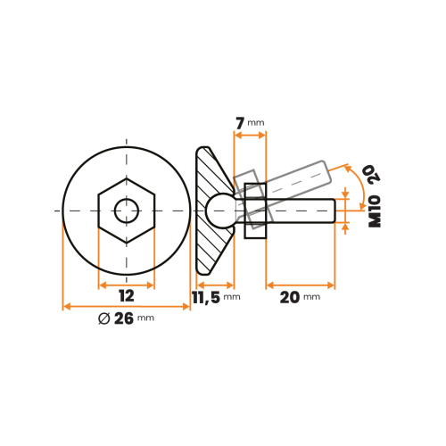 Skrutka rektifikačná s kĺbom / 281-034 / 26 mm / M10 x 20 mm (čierna)