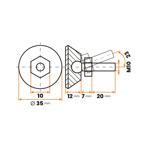 Skrutka rektifikačná s kĺbom / 281-037 / 33 mm / M10 x 20 mm (strieborná)