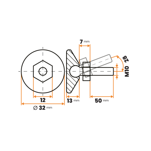 Skrutka rektifikačná s kĺbom / 281-110 / 32 mm / M10 x 50 mm (čierna)