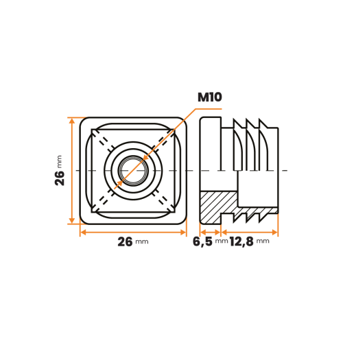 Zátka rektifikačná M10 / 205-034 / 25 x 25 / 1 - 2 mm (čierna)