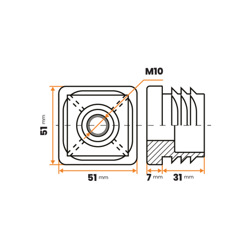 Zátka rektifikačná M10 / 205-037 / 50 x 50 / 1 - 2 mm (čierna)