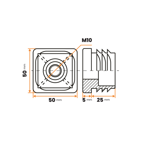 Zátka rektifikačná M10 / 205-068 / 50 x 50 / 1,5 - 2 mm (čierna)