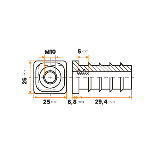 Zátka rektifikačná M10 / 205b-034 / 25 x 25 / 1 - 2 mm (čierna)