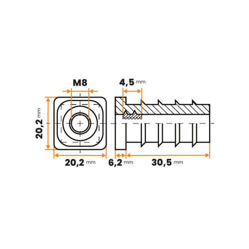 Zátka rektifikačná M8 / 205b-034 / 20 x 20 / 1 - 2 mm (čierna)
