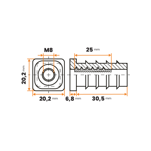 Zátka rektifikačná M8 / 205c-034 / 20 x 20 / 1 - 2 mm (čierna)