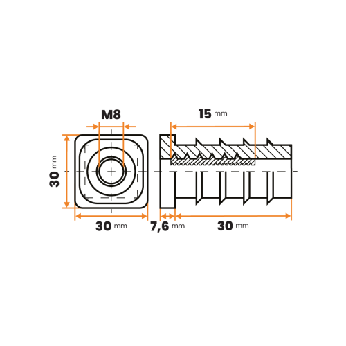 Zátka rektifikačná M8 / 205c-034 / 30 x 30 / 1 - 2 mm (čierna)