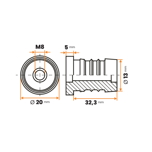 Zátka rektifikačná M8 / 242-034 / 20 / 1 - 2 mm (čierna)