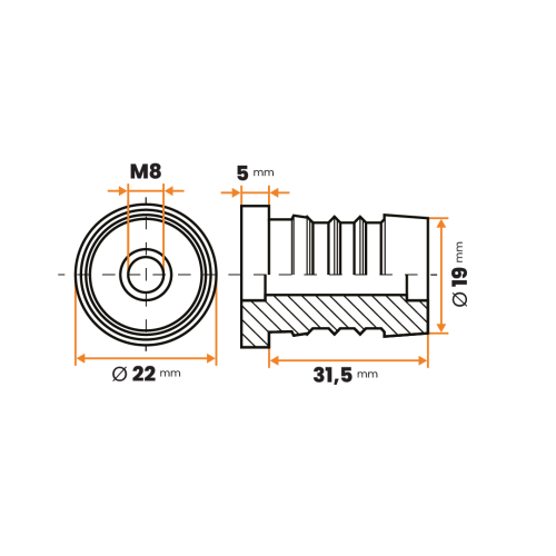 Zátka rektifikačná M8 / 242-034 / 22 / 1 - 2 mm (čierna)