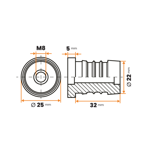 Zátka rektifikačná M8 / 242-034 / 25 / 1 - 2 mm (čierna)