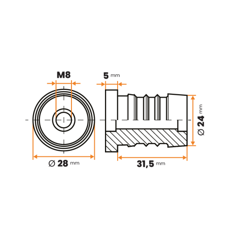 Zátka rektifikačná M8 / 242-034 / 28 / 1 - 2 mm (čierna)
