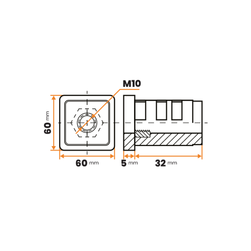 Zátka rektifikačná M10 / 369-142 / 60 x 60 / 1,5 - 2 mm (čierna)