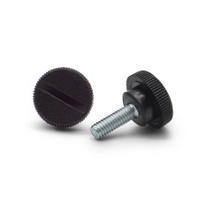 Skrutka kovová s plastovou hlavou, rebrovaná so zárezom na plochý skrutkovač / 105-068 / M4 x 15 x 12 mm (čierna)