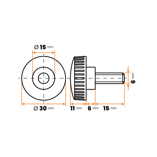 Skrutka kovová s plastovou hlavou, vrúbkovaná / 105-034 / M6 x 30 x 15 mm (čierna)