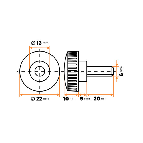 Skrutka kovová s plastovou hlavou, vrúbkovaná / 105-034 / M6 x 22 x 20 mm (čierna)