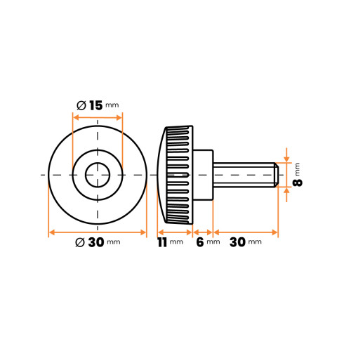 Skrutka kovová s plastovou hlavou, vrúbkovaná / 105-034 / M8 x 30 x 30 mm (čierna)