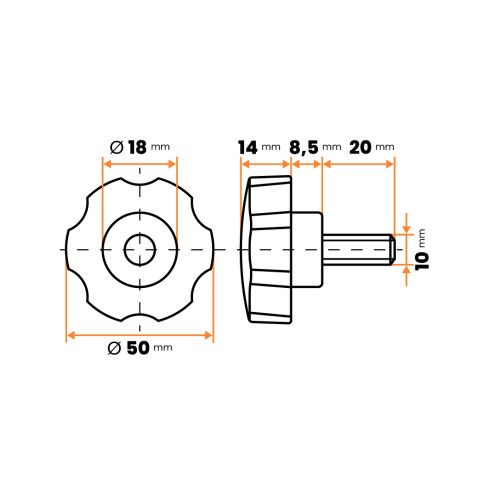 Skrutka kovová s plastovou hlavou, 6 cípa hviezda / 105-037 / M10 x 50 x 20 mm (čierna)