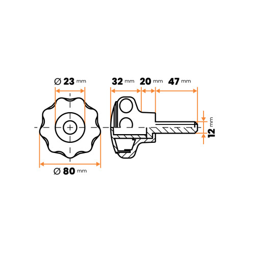Skrutka kovová s plastovou hlavou, 2 vrúbky / 105a-068 / M12 x 80 x 47 mm (čierna)