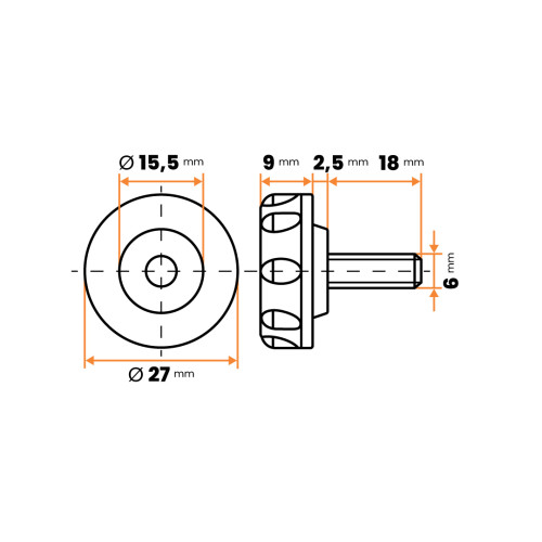 Skrutka kovová s plastovou hlavou, 8 vrub / 105b-007 / M6 x 27 x 18 mm (čierna)