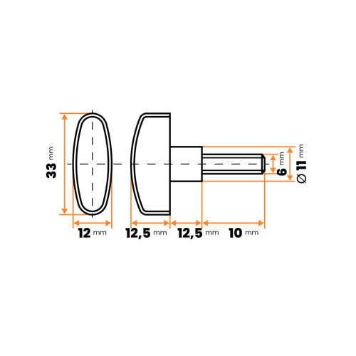 Skrutka oceľová s plastovou hlavou, motýľ s nohou / 329-007 / M6 x 33 x 10 mm (čierna)