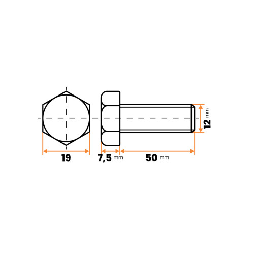 Skrutka plastová, 6-hranná hlava, DIN 933 / 050b-110 / M12 x 50 mm (prírodná)