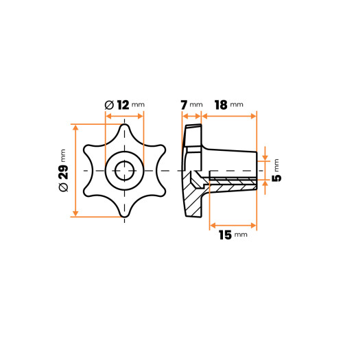 Matica kovová s plastovou hlavou, 6 cípa hviezda / 106-012 / M5 x 29 mm (čierna)