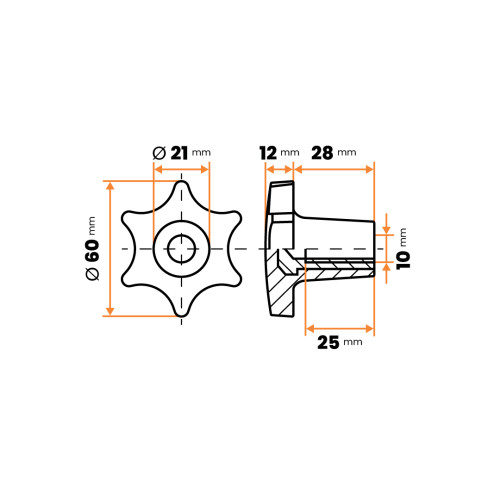 Matica kovová s plastovou hlavou, 6 cípa hviezda / 106-012 / M10 x 60 mm (čierna)