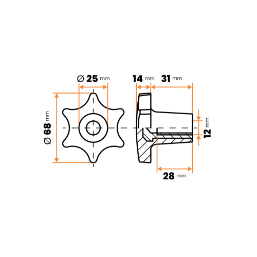 Matica kovová s plastovou hlavou, 6 cípa hviezda / 106-012 / M12 x 68 mm (čierna)
