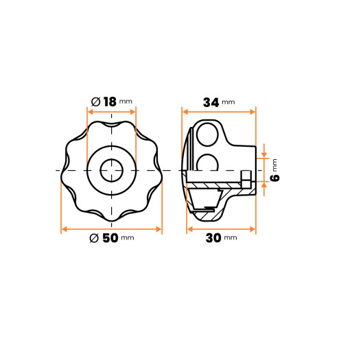 Matica kovová s plastovou hlavou, 2 vrúbky / 106a-068 / M6 x 50 mm (čierna)