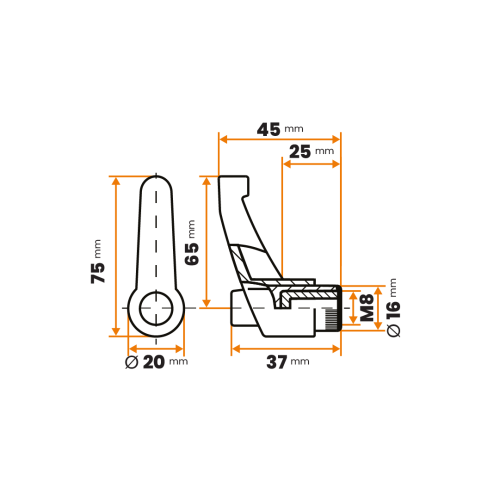 Páčka s račňou so závitom / 504a-068 / 65 / M8 mm (čierna)
