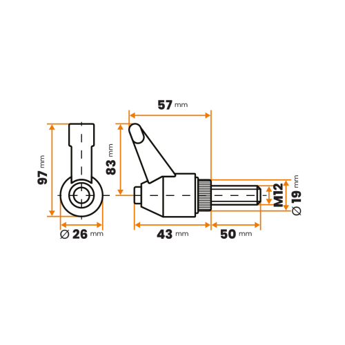 Páčka s račňou so skrutkou / 505-514 / 83 / M12 x 50 mm (čierna)