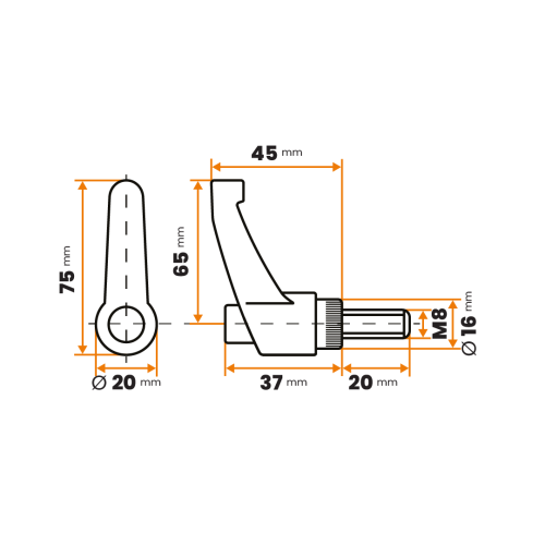 Páčka s račňou so skrutkou / 505a-068 / 65 / M8 x 20 mm (čierna)