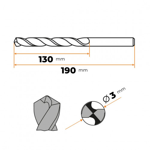 Vrták do kovu HSS 3,0 mm 190/130 mm (predĺžený)