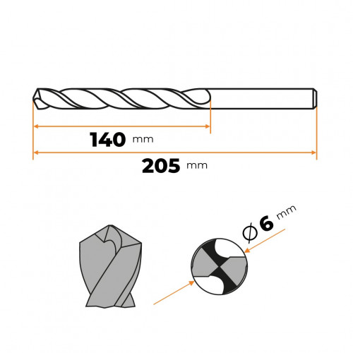 Vrták do kovu HSS 6,0 mm 205/140 mm (predĺžený)