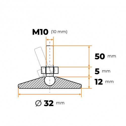 Skrutka rektifikačná s kĺbom 32 mm / M10 x 50 mm