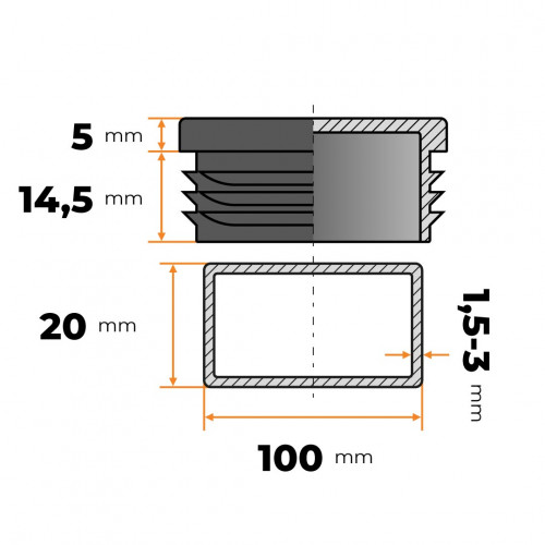 Záslepka obdĺžniková 100 x 20 mm / 1,5 - 3 mm (čierna)