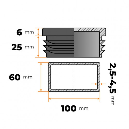 Záslepka obdĺžniková 100 x 60 mm / 2,5 - 4,5 mm (čierna)