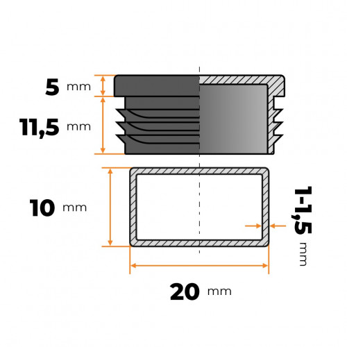 Záslepka obdĺžniková 20 x 10 mm / 1 - 1,5 mm (čierna)