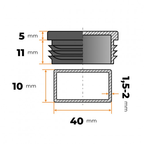Záslepka obdĺžniková 40 x 10 mm / 1,5 - 2 mm (čierna)