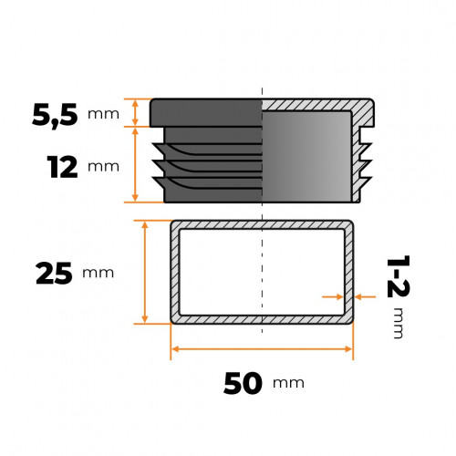 Záslepka obdĺžniková 50 x 25 mm / 1 - 2 mm (čierna)