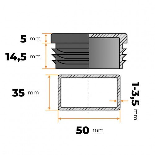 Záslepka obdĺžniková 50 x 35 mm / 1 - 3,5 mm (čierna)