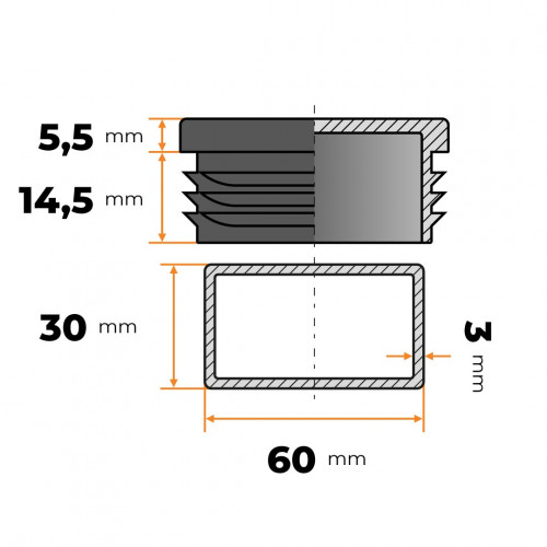 Záslepka obdĺžniková 60 x 30 mm / 1 - 2 mm (čierna)