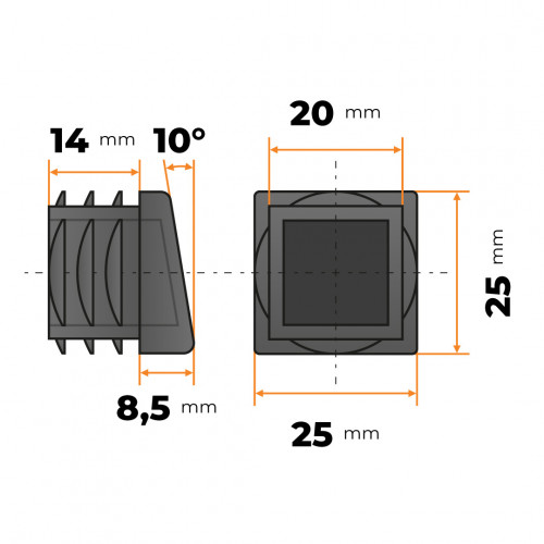 Záslepka skosená 25 x 25 mm (čierna)