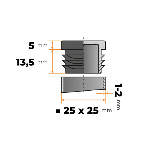 Záslepka štvorcová 25 x 25 mm / 1 - 2 mm (čierna)