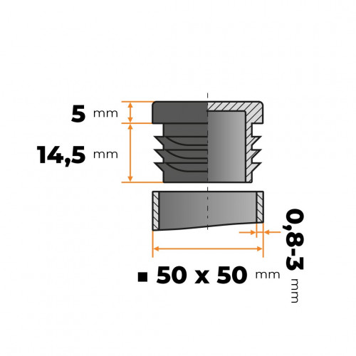 Záslepka štvorcová 50 x 50 mm / 0,8 - 3 mm (čierna)
