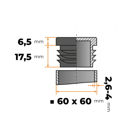 Záslepka štvorcová 60 x 60 mm / 2,6 - 4 mm (čierna)